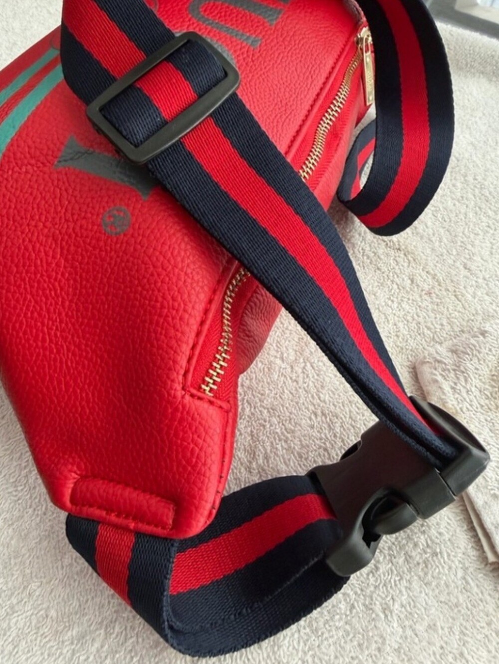 Gucci (Fashion Bag)  Red Belt Bag with Green Stripe and Navy Strap - Picture 2 of 4